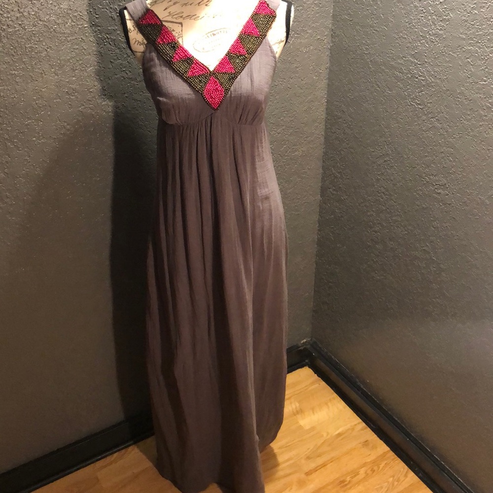 Ella Moss XS Gray Beaded Neckline BOHO Maxi Dress